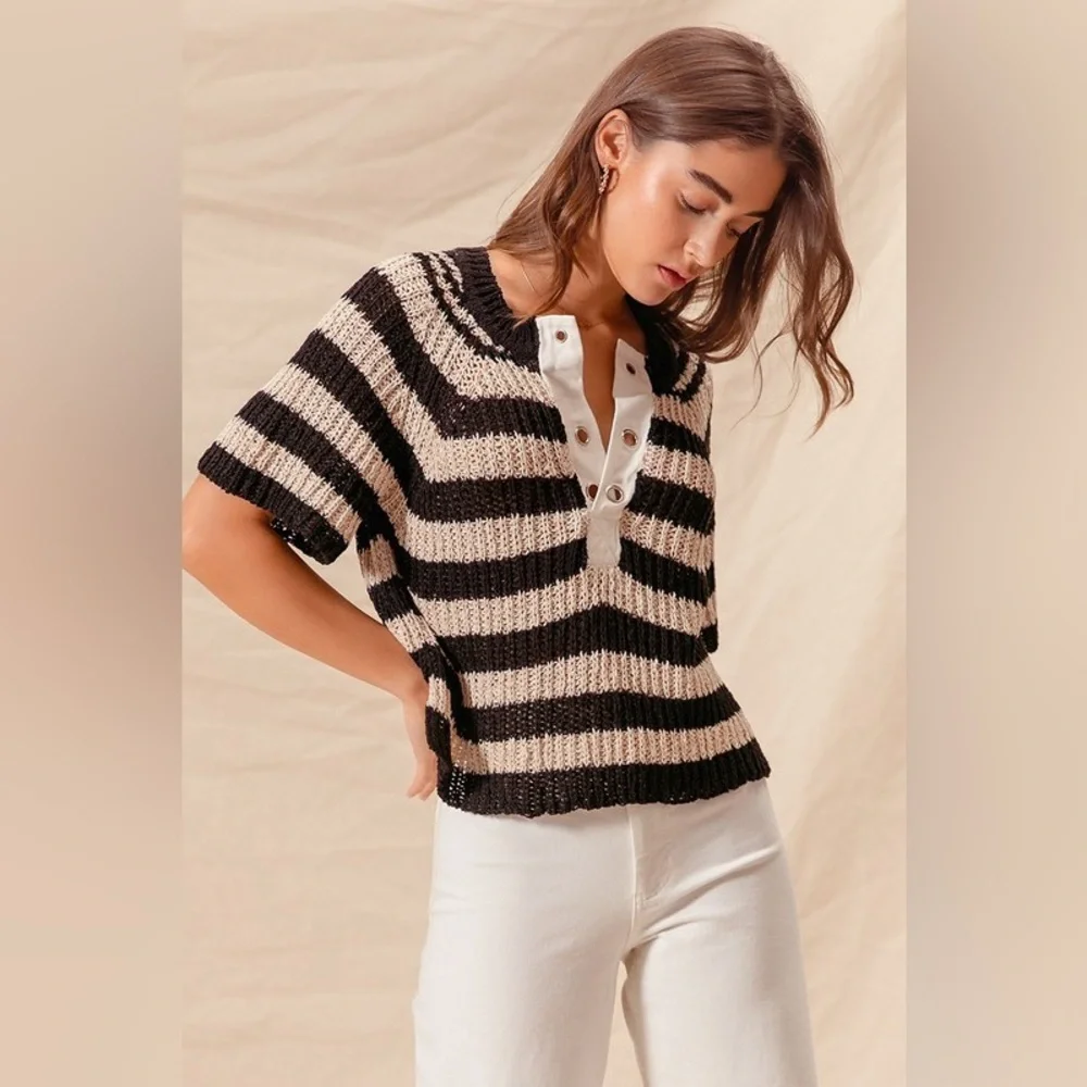 Oatmeal black eyelet boho stripe placket striped bohemian tunic top sweater - Picture 1 of 6